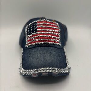 Embellished Denim Cap with Flag Design